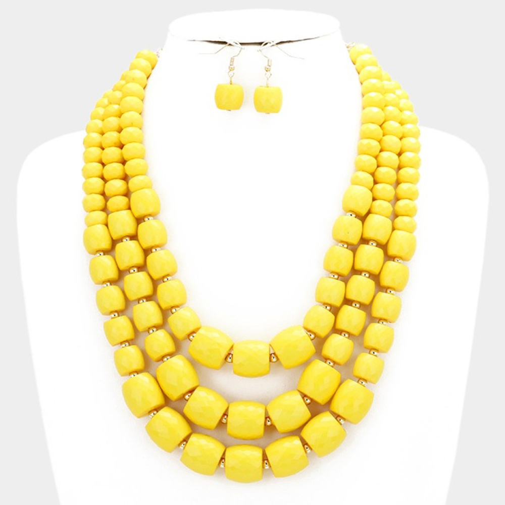 Three Layers Yellow Bead Necklace Earring Set